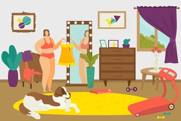 Overweight woman, fat weight female body person character concept vector illustration. Fat girl in mirror lifestyle, room interior. Flat adult obesity people with cellulite, fashion lady design.