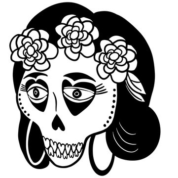 Mexican sugar skull. Halloween, Beautiful skeleton girl, day all saints. Vector skull icon for cards, posters, stickers and professional design.