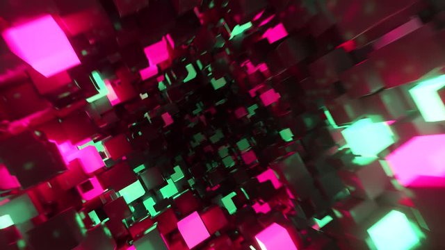 Abstract flying in futuristic corridor, seamless loop 4k background, fluorescent ultraviolet light, glowing colorful neon cubes, geometric endless tunnel, red green spectrum, 3d render
