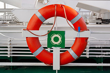 Lifebuoy Life ring on a Boat, Ferry boat, hanging on a guard rail