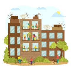 Obraz premium House balcony with woman man character outside, building window at city vector illustrartion. People character home apartment at quarnitine. Cartoon neighborhood through wall, street background.