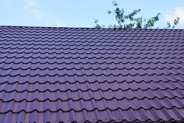 part of the roof of a building with red tiles on a background of blue sky and tree branches