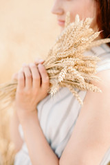 girl holding a golden ear of wheat on a wheat field. woman holds wheat with both hands.