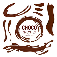 Choco or coffee drips and splashes vector set. 3D realistic illustration of the brown or dark chocolate, horizontal and vertical splashes or liquid swirls and waves isolated on white background