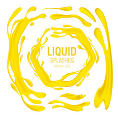 Juice or oil drips and splashes vector set. 3D realistic illustration of the yellow or orange healthy drink, horizontal and vertical splashes or liquid swirls and waves isolated on white background