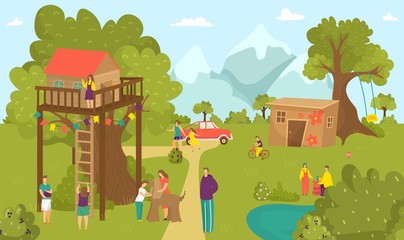 Obraz na płótnie Canvas Boy girl children activity at summer tree house, happy childhood at nature park vector illustration. People at house landscape, fun kids near garden wood home. Cartoon play at swing, building.
