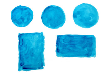 Watercolor stain. Spots on a white background. Watercolor texture with brush strokes. Round, rectangle, spot. Blue, turquoise. Abstraction. Blue watercolor. 