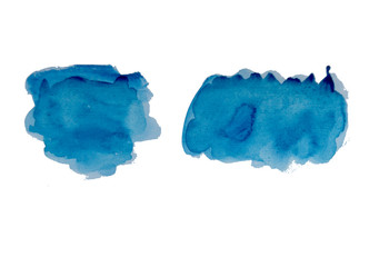 Watercolor stain. Spots on a white background. Watercolor texture with brush strokes. Round, rectangle, spot. Blue, turquoise. Abstraction. Blue watercolor. 