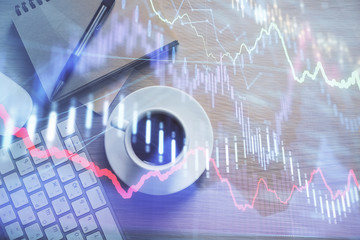 Multi exposure of forex chart drawing and work table top veiw. Concept of financial analysis.