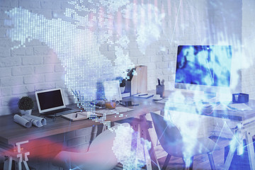 Multi exposure of stock market chart drawing and office interior background. Concept of financial analysis.