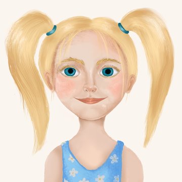 Cute illustration little blonde girl with long hair and blue eyes. child's face.
