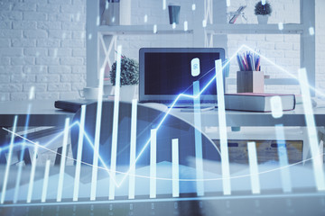 Double exposure of financial graph drawing and office interior background. Concept of stock market.