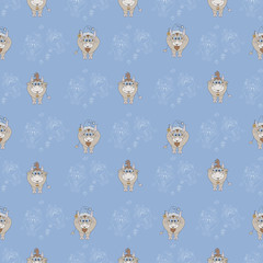Seamless patterns. New Years pattern with horned animals, the symbol of 2021 - a cow and a bull. Colored and white contour drawings on a light blue background. For festive design, packaging. Vector 