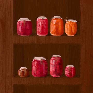 berry jams: strawberry, raspberry, cherry, peach and cones in jars in the the cupboard. ingredients for breakfast, dessert. wooden shelves with organic food of homemade