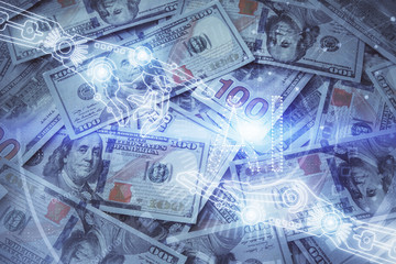 Double exposure of data theme drawing over us dollars bill background. Technology concept.