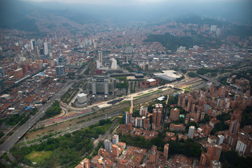 Aerial view of the city of Medellin with highway between the city. Colombia.