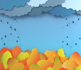 Autumn background layout decorate with clouds, rain and trees for shopping or promo poster and frame leaflet or web banner with copy space. 3d render