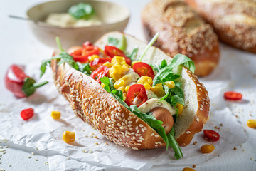Tasty hot dogs made of pork sausage and spicy sauce