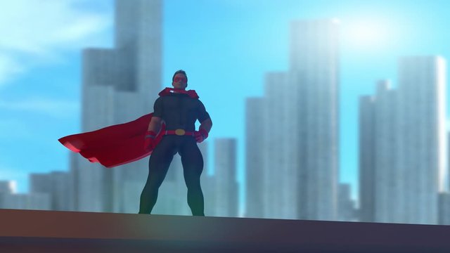 Superhero watching over the city 3d render animation