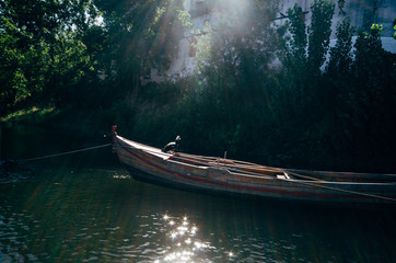 Old boat parked in a lake surrounded by greenery in Constancia, Santarem, Portugal