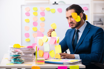 Young male employee in conflicting priorities concept