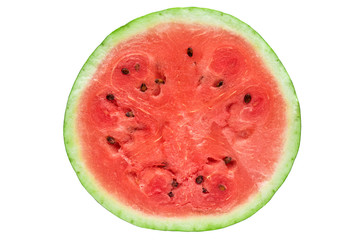 Watermelon, cut half, inner flesh with seeds, flat lay on white background