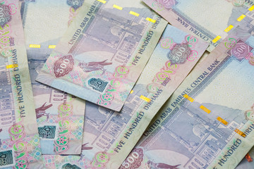 Closeup of UAE 500 dirhams currency notes, paper money