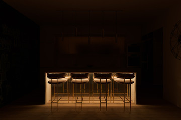 Fototapeta premium 3D illustration of a kitchen with led lighting under cooking island