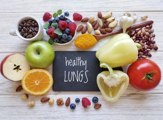 The best foods for healthy lungs and breathing. Assortment of natural products to boost lungs...