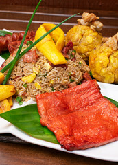 Peruvian food, Amazonian dish jerky, chorizo, juane, fried plantain and pork