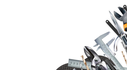 Decorative corner composition on the theme of locksmith skill and craft hand metal processing. 3d set tools of metalworking, locksmithing, isolated on white background. Illustration copy-space.
