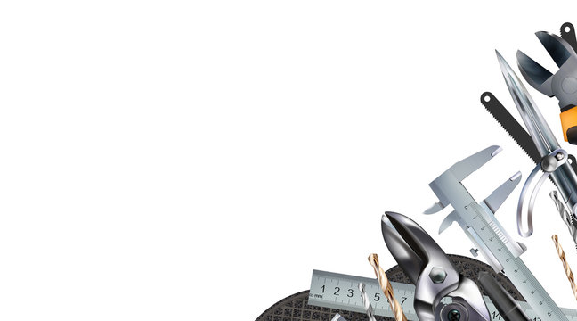 Decorative corner composition on the theme of locksmith skill and craft hand metal processing. 3d set tools of metalworking, locksmithing, isolated on white background. Illustration copy-space.