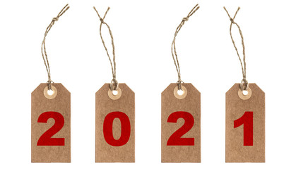 Recycled paper tag string isolated white background New Year 2021