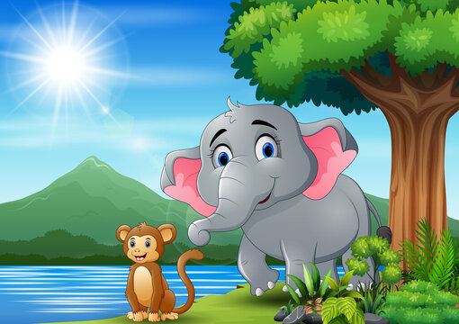 Scene with elephant and monkey having fun at nature
