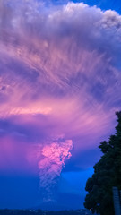 Ash cloud of Calbuco Volcano during its eruption during sunset in 2015