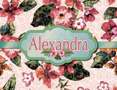 Alexandra Name Design with Floral-Damask Background