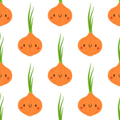 Kawaii Cartoon Onion. Seamless Vector Patterns 