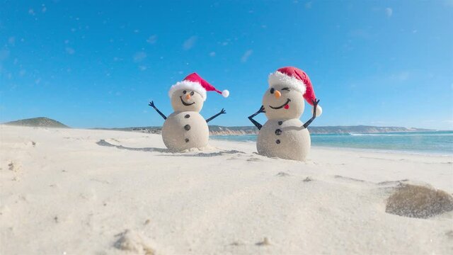 Two Sandy Christmas Snowmen are celebrating Christmas on a beautiful beach, while the wind is blowing the sand, zoom out
