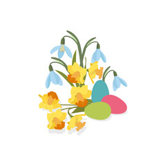 Elegant Easter day greeting card design with blossoms flowers and eggs