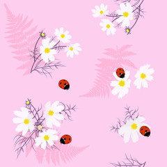 Obraz na płótnie Canvas Seamless vector illustration with flowers, fern leaves and ladybirds
