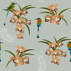 Seamless vector illustration with orchids and tropical beautiful birds