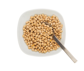 Uncooked raw chickpeas in a plate with spoon