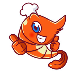 Cute Chef Shrimp vector icon cartoon character logo illustration doodle, Orange color, Brown color line 