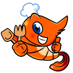 Cute Chef Shrimp vector icon cartoon character logo illustration doodle, Orange color, Brown color line 