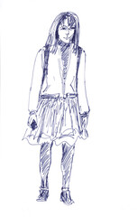 girl with backpack and smartphone, back to school, graphic black white drawing on white background