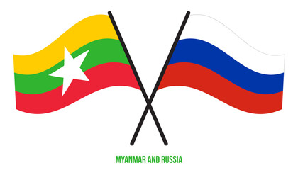 Myanmar and Russia Flags Crossed And Waving Flat Style. Official Proportion. Correct Colors.