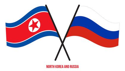 North Korea and Russia Flags Crossed And Waving Flat Style. Official Proportion. Correct Colors.