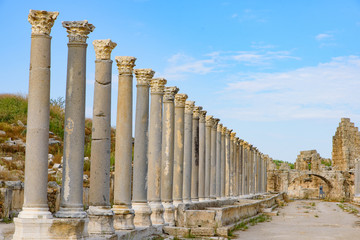 Columns and ruins of Perge, an ancient Greek city in Antalya, Turkey