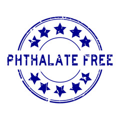 Grunge blue phthalate free word with star icon round rubber seal stamp on white background