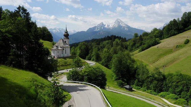 Aerial view of church Maria Gern on sunny day, Mount Watzmann in background, Berchtesgaden, Bavaria, Germany, Europe